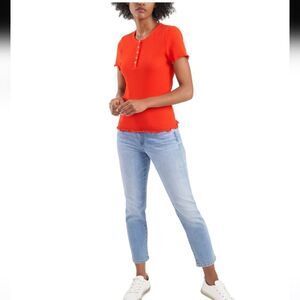 RILEY & RAE WOMEN'S STRETCH RIBBED LETTUCE EDGE  HENLEY SHORT SLEEVE Size M